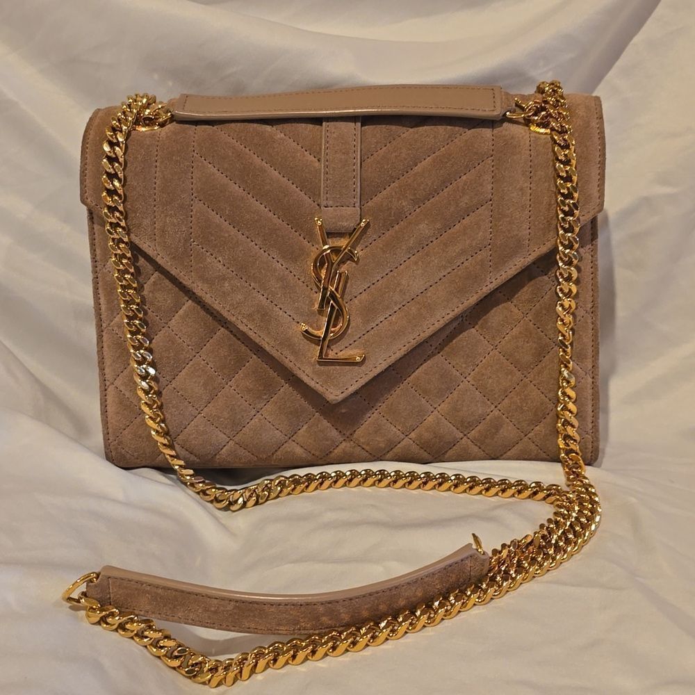 Yves Saint Laurent Tan  Quilted Suede Crossbody Envelope Bag, NWOT - Picture 3 of 16